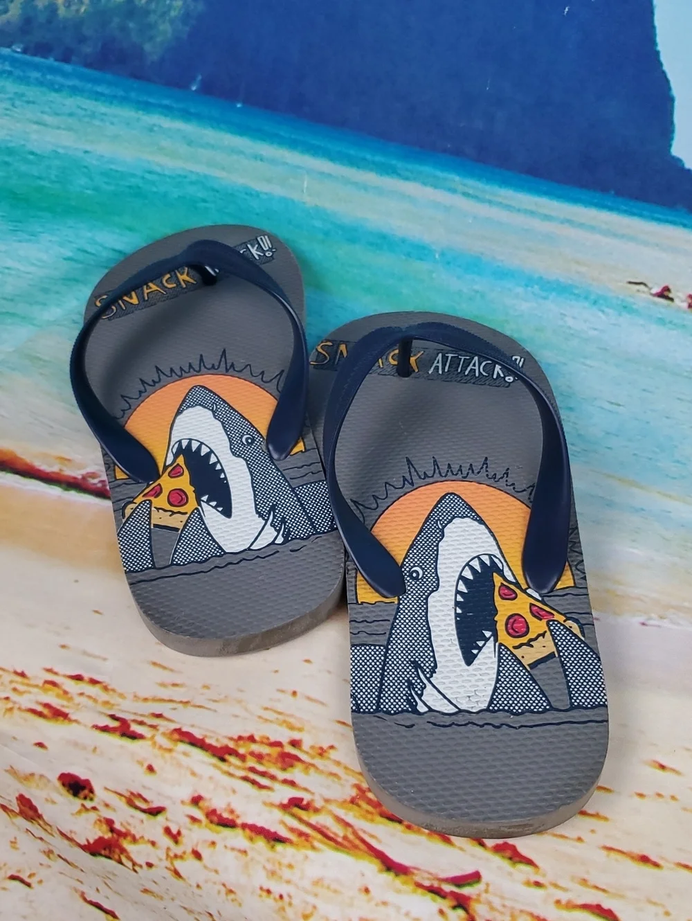 Kids Shark Pizza Flip Flops - Gray & Navy